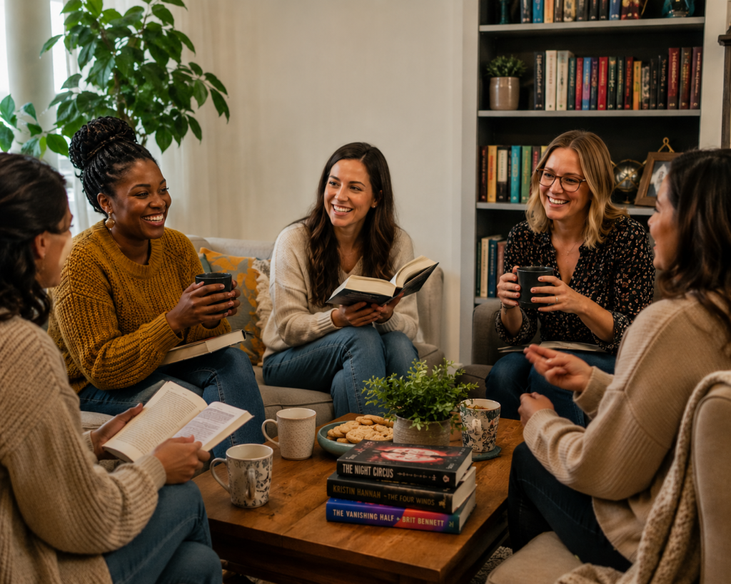 Five women gather for a cozy book club discussion around a coffee table with books, mugs, snacks, and plants.